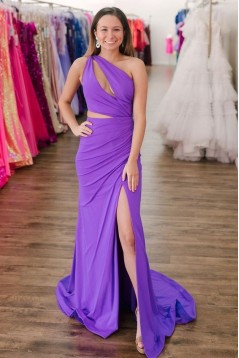 Mermaid Purple One Shoulder Long Prom Dresses 801350