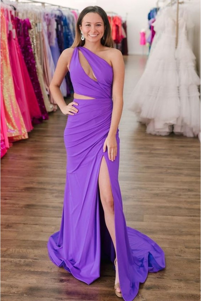 Mermaid Purple One Shoulder Long Prom Dresses 801350