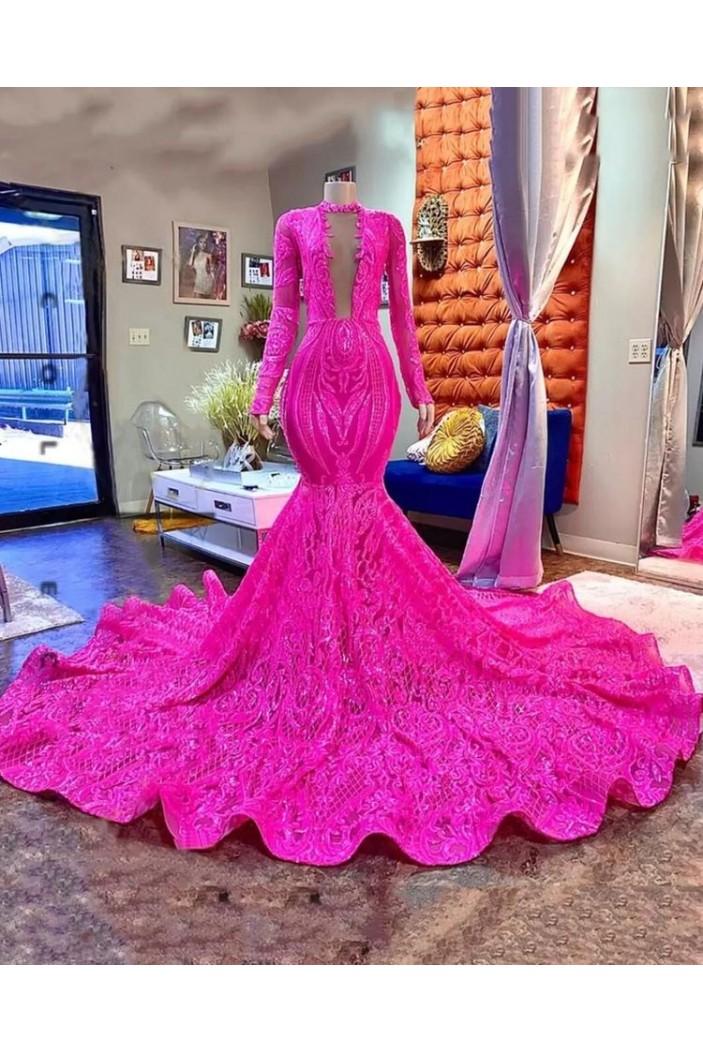 Mermaid Fuchsia Lace Long Sleeves Prom Dresses with Slit 801351