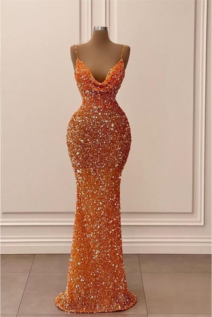 Mermaid Orange Spaghetti Straps Sequins Long Prom Dresses 801352