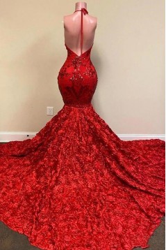 Long Red Mermaid Lace Prom Dresses 801357