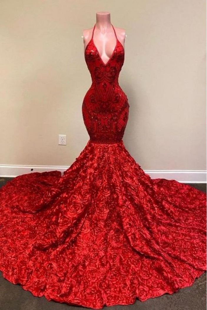 Long Red Mermaid Lace Prom Dresses 801357