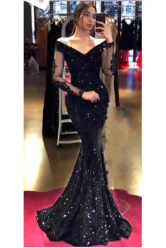 Long Black Mermaid Sparkle Lace Prom Dresses with Long Sleeves 801358