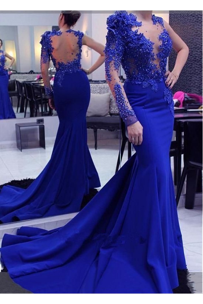 Mermaid Royal Blue Beaded Lace One Sleeve Long Prom Dresses 801364