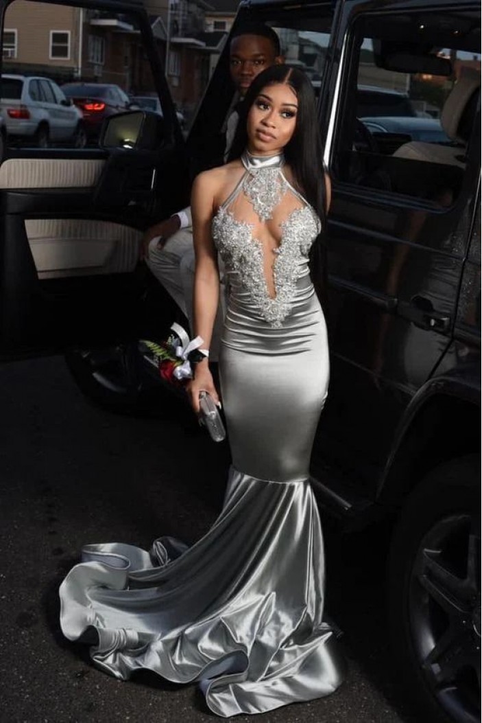 Mermaid Silver Lace Sleeveless Long Prom Dresses 801365