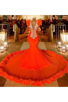 Mermaid Long Orange Red Beaded Prom Dresses 801368