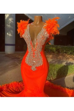 Mermaid Long Orange Red Beaded Prom Dresses 801368