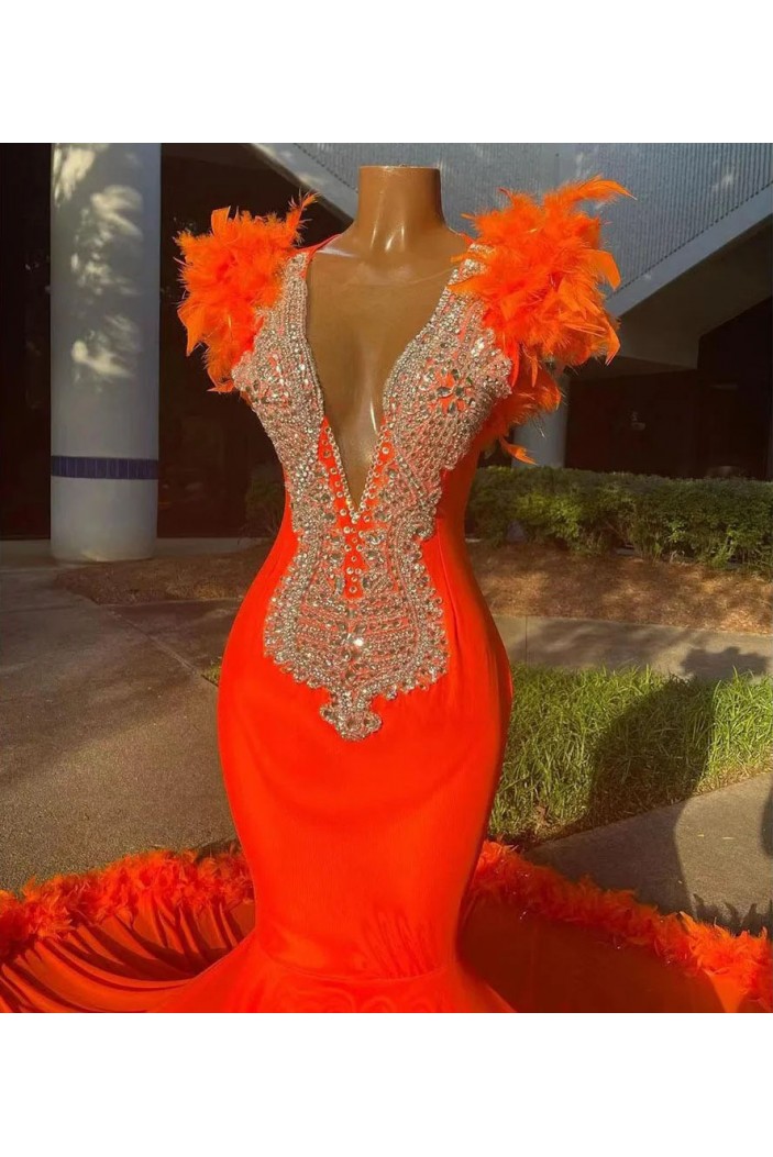 Mermaid Long Orange Red Beaded Prom Dresses 801368