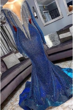 Long Sparkle Mermaid Deep V Neck Prom Dresses with Long Sleeves 801371