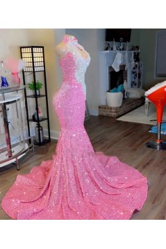 Long Pink Mermaid Sequins Lace Prom Dresses 801382