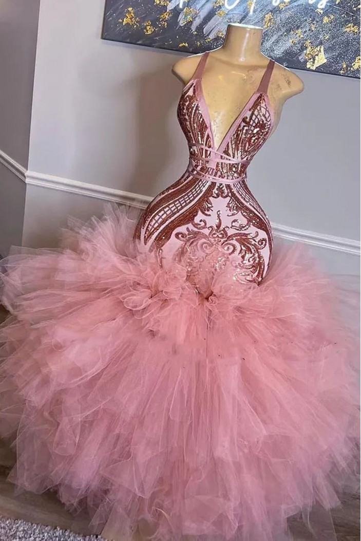 Long Pink Mermaid Lace and Tulle Prom Dresses 801383