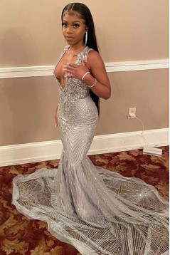 Mermaid Deep V Neck Sparkle Long Prom Dresses 801386