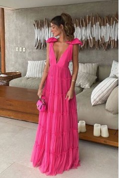 A-Line Deep V Neck Fuchsia Long Prom Dresses 801389