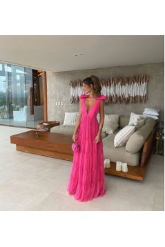 A-Line Deep V Neck Fuchsia Long Prom Dresses 801389