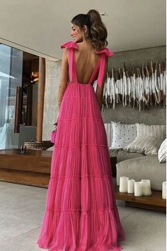 A-Line Deep V Neck Fuchsia Long Prom Dresses 801389