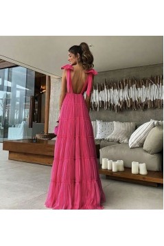 A-Line Deep V Neck Fuchsia Long Prom Dresses 801389