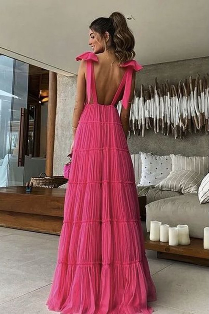 A-Line Deep V Neck Fuchsia Long Prom Dresses 801389