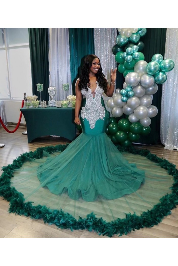 Long Green Mermaid Deep V Neck Beaded Prom Dresses 801391