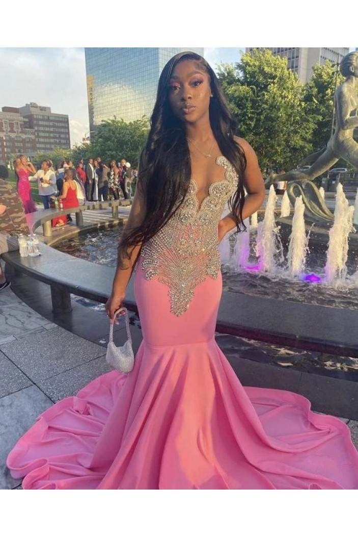 Long Pink Mermaid Beaded Prom Dresses 801392