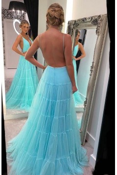 A Line V Neck Spaghetti Straps Long Blue Tulle Prom Dresses 801399