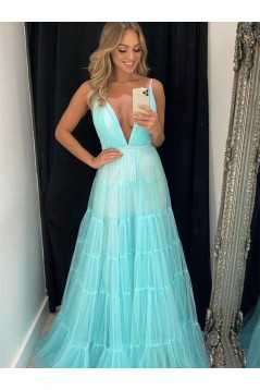 A Line V Neck Spaghetti Straps Long Blue Tulle Prom Dresses 801399