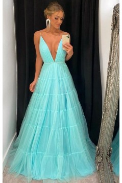 A Line V Neck Spaghetti Straps Long Blue Tulle Prom Dresses 801399