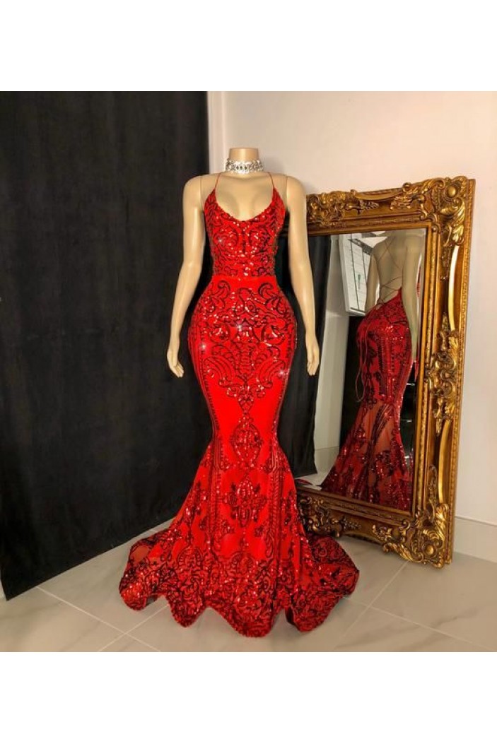 Long Red Mermaid Lace Prom Dresses 801401