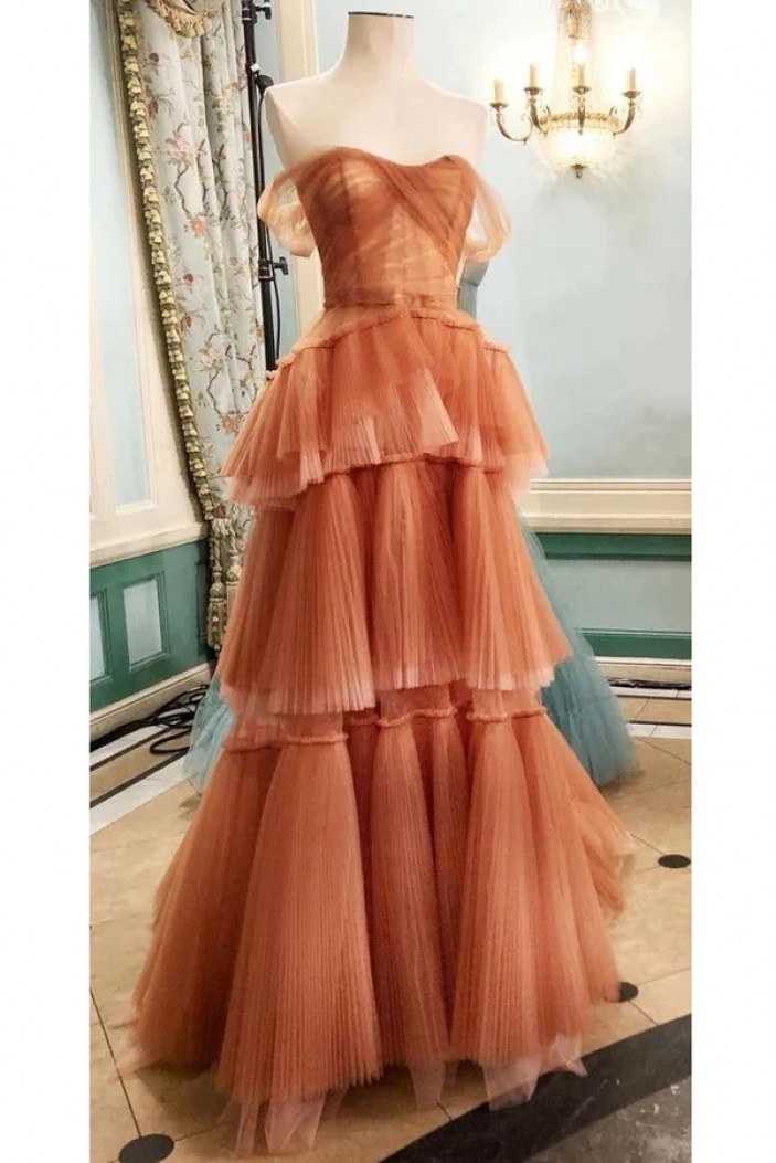 A-Line Off the Shoulder Long Tulle Prom Dresses 801403