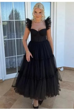 A-Line Black Tulle Prom Dresses 801407