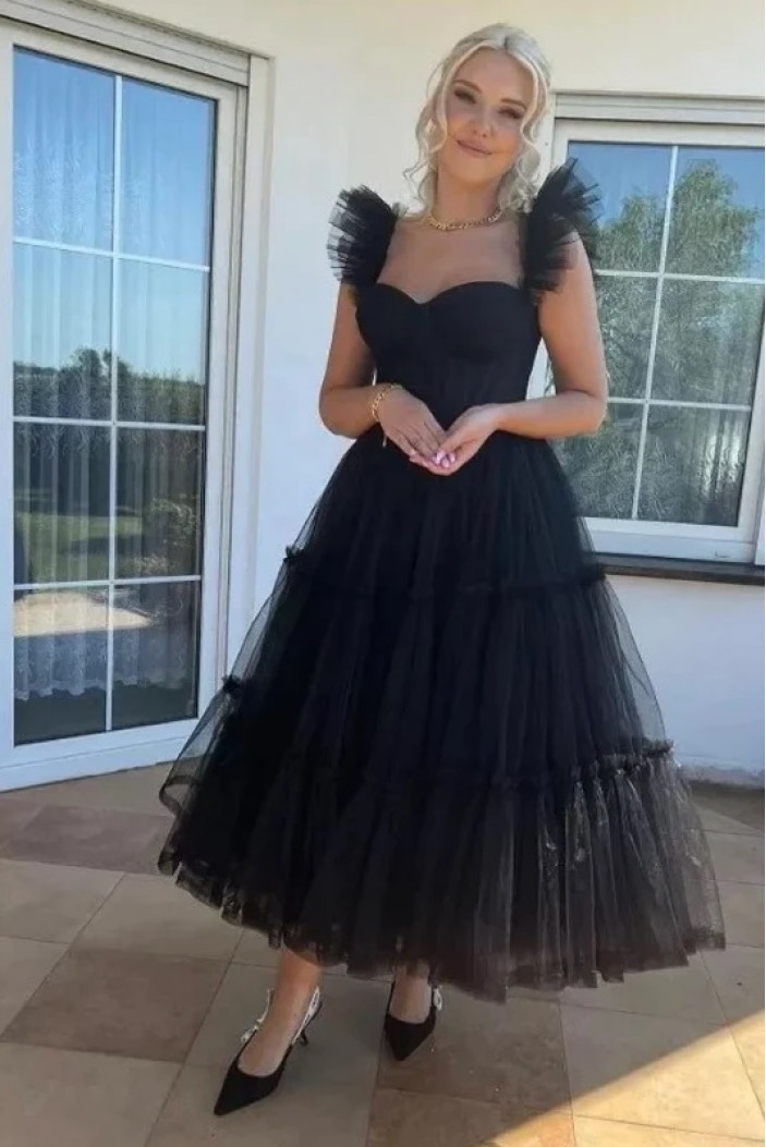 A-Line Black Tulle Prom Dresses 801407