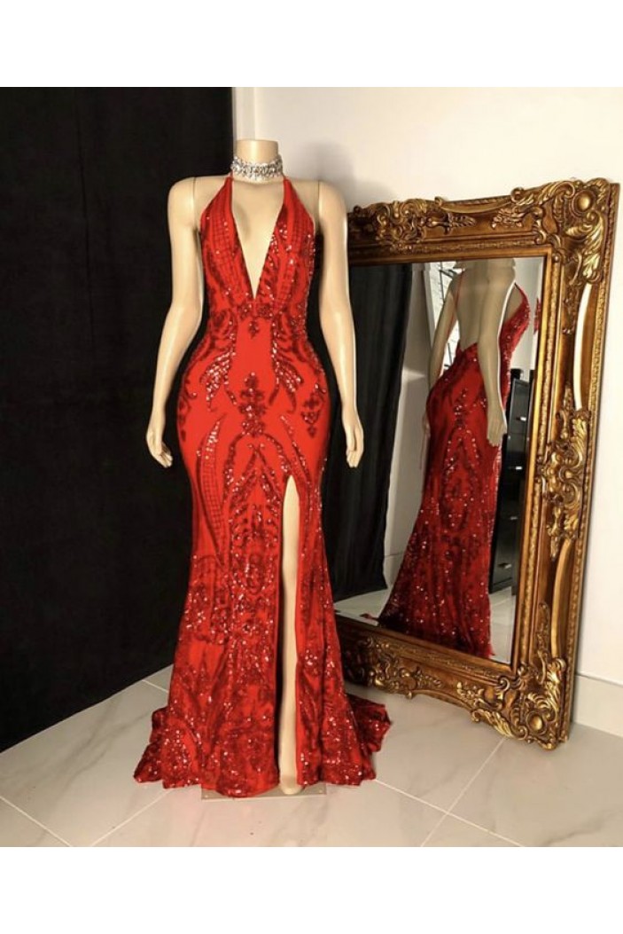 Long Red Deep V Neck Lace Prom Dresses 801409