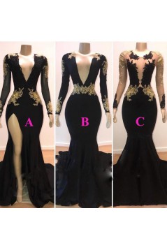 Long Black Mermaid Long Sleeves Gold Lace Appliques Prom Dresses 801410