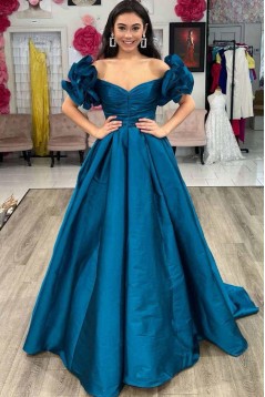 A-Line Long Satin Off the Shoulder Prom Dresses 801411