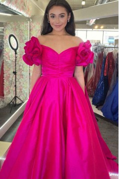 A-Line Long Satin Off the Shoulder Prom Dresses 801411