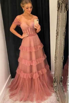 A-Line Off the Shoulder Long Tulle Prom Dresses 801413