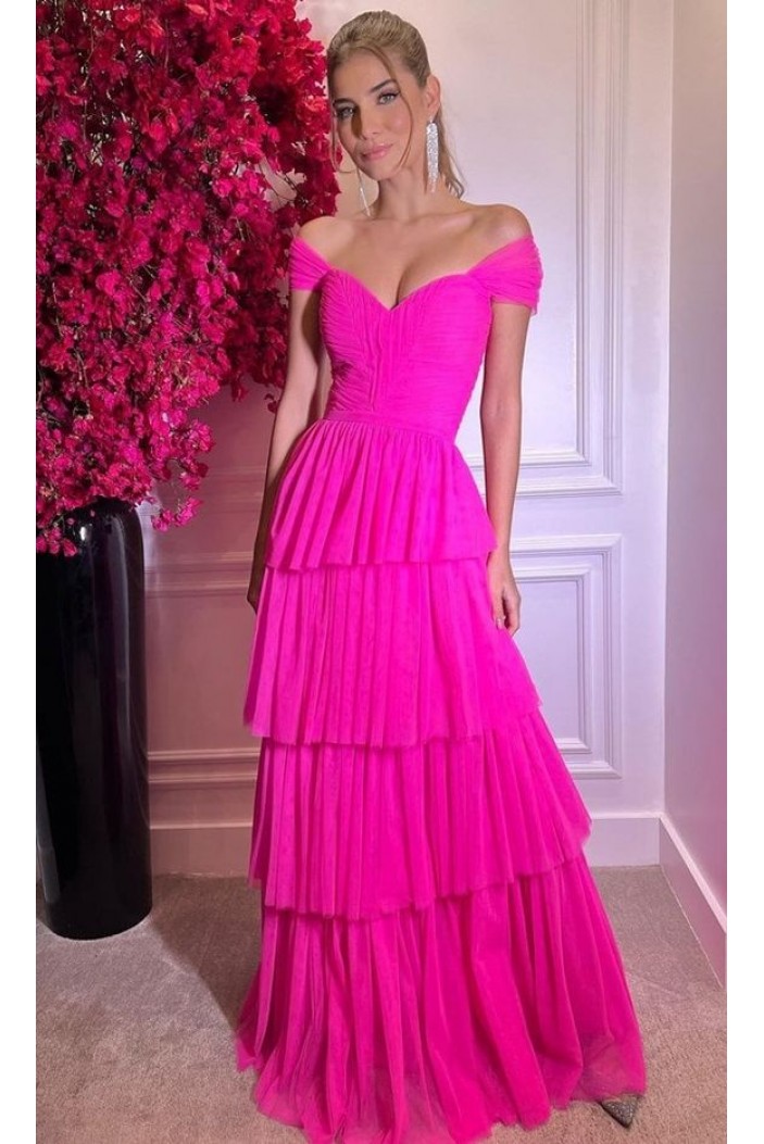 A-Line Long Pink Off the Shoulder Prom Dresses 801414