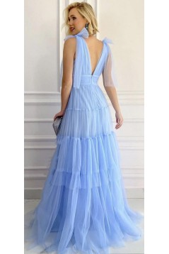 Long Blue Deep V Neck Tulle Prom Dresses 801417
