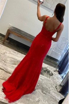 Long Red Mermaid Lace Prom Dresses 801428