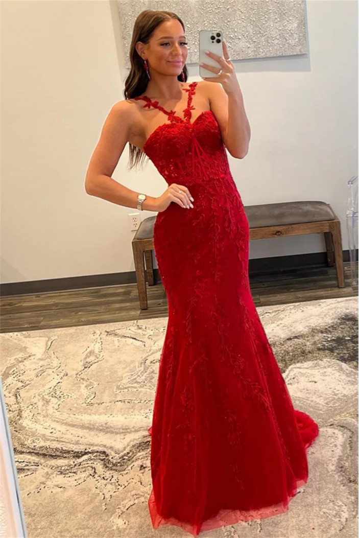 Long Red Mermaid Lace Prom Dresses 801428