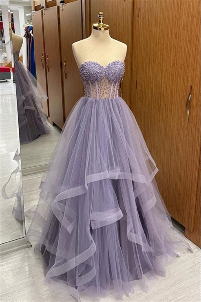 A-Line Sweetheart Tulle Long Prom Dresses with Pearls 801429