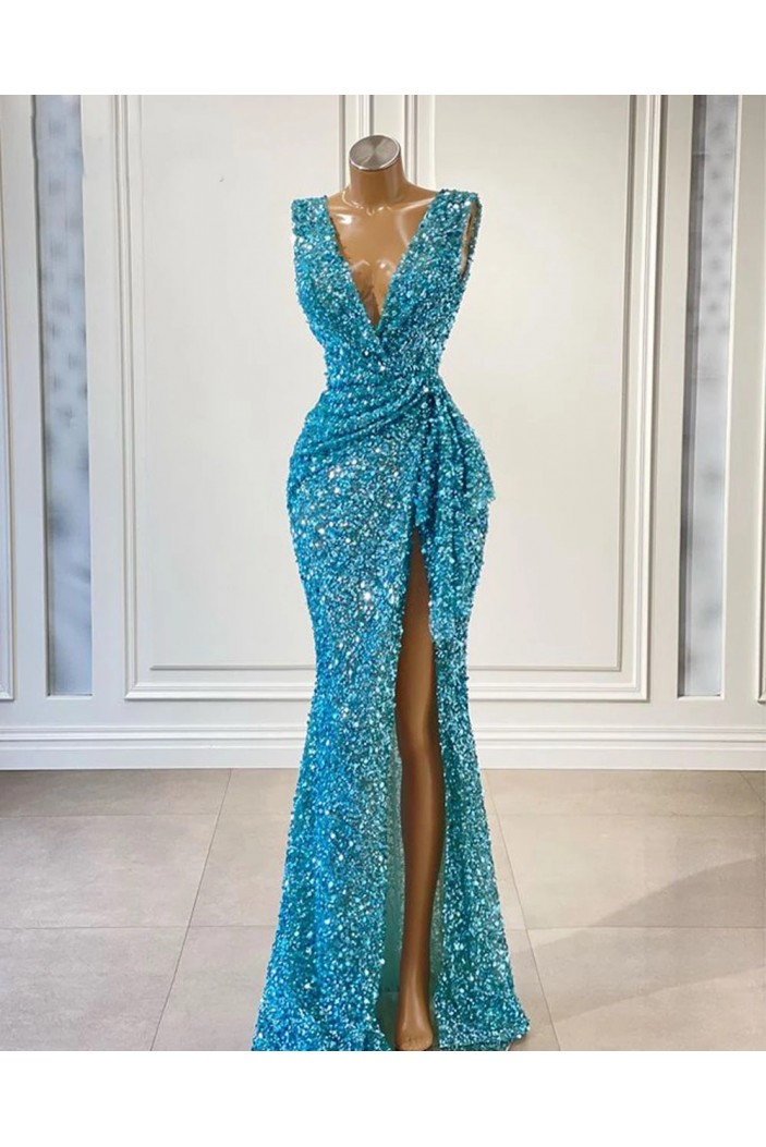 Long Blue Deep V Neck Sequins Prom Dresses 801440