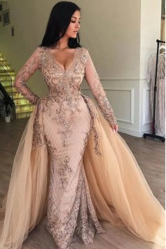 Detachable Overskirt Long Sleeves Mermaid Lace Prom Dresses Evening Gowns 801449