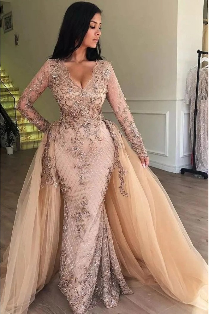 Detachable Overskirt Long Sleeves Mermaid Lace Prom Dresses Evening Gowns 801449