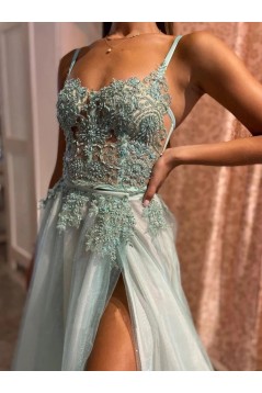A-Line Lace and Tulle Long Prom Dresses 801450