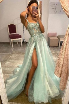 A-Line Lace and Tulle Long Prom Dresses 801450