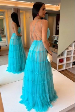 A-Line Long Blue Tulle Spaghetti Straps Prom Dresses 801451