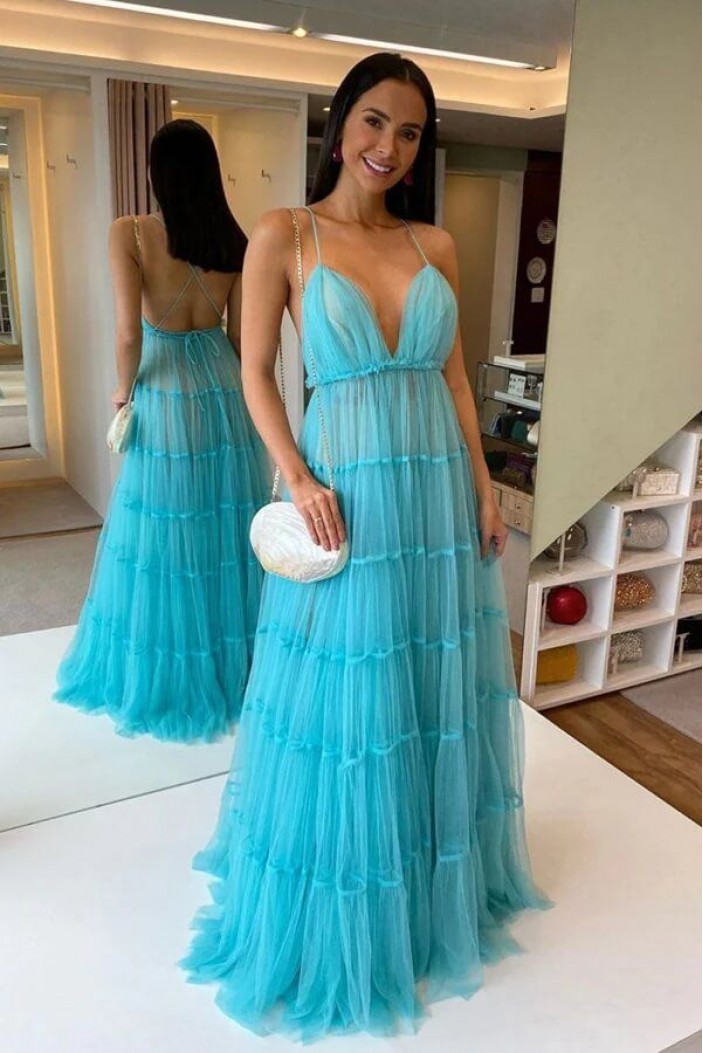 A-Line Long Blue Tulle Spaghetti Straps Prom Dresses 801451