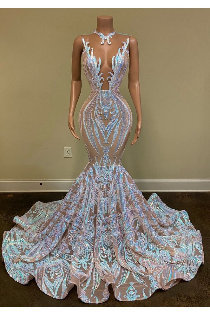 Mermaid Sleeveless Lace Long Prom Dresses 801456