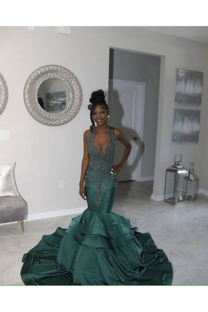 Mermaid Green Beaded Sleeveless Long Prom Dresses 801458