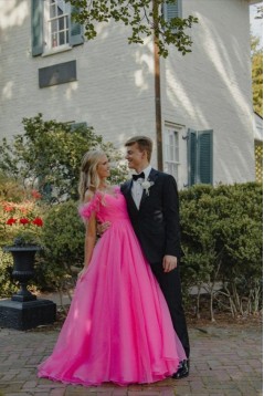 A-Line Long Pink Off the Shoulder Prom Dresses 801462